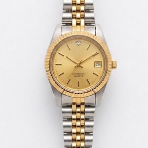 Vtg Ladies Two-Tone Watch Diamond Quartz Fluted Bezel Date Gold Silver Elegant